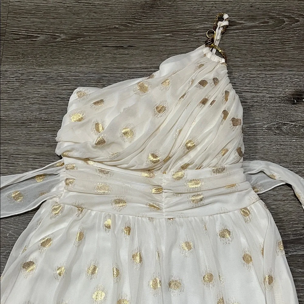 Stylish One-Shoulder Dress with Gold Polka Dots - Picture 2 of 7